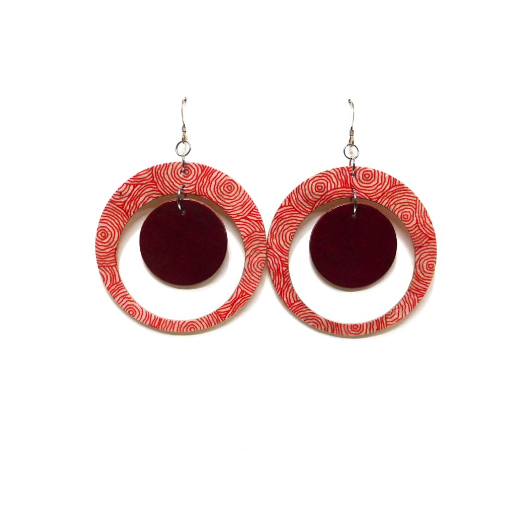 Boucles d'oreille en carton - "Grandes créoles plus une" - Rondorouge/Rouge Carmin - Argent 925