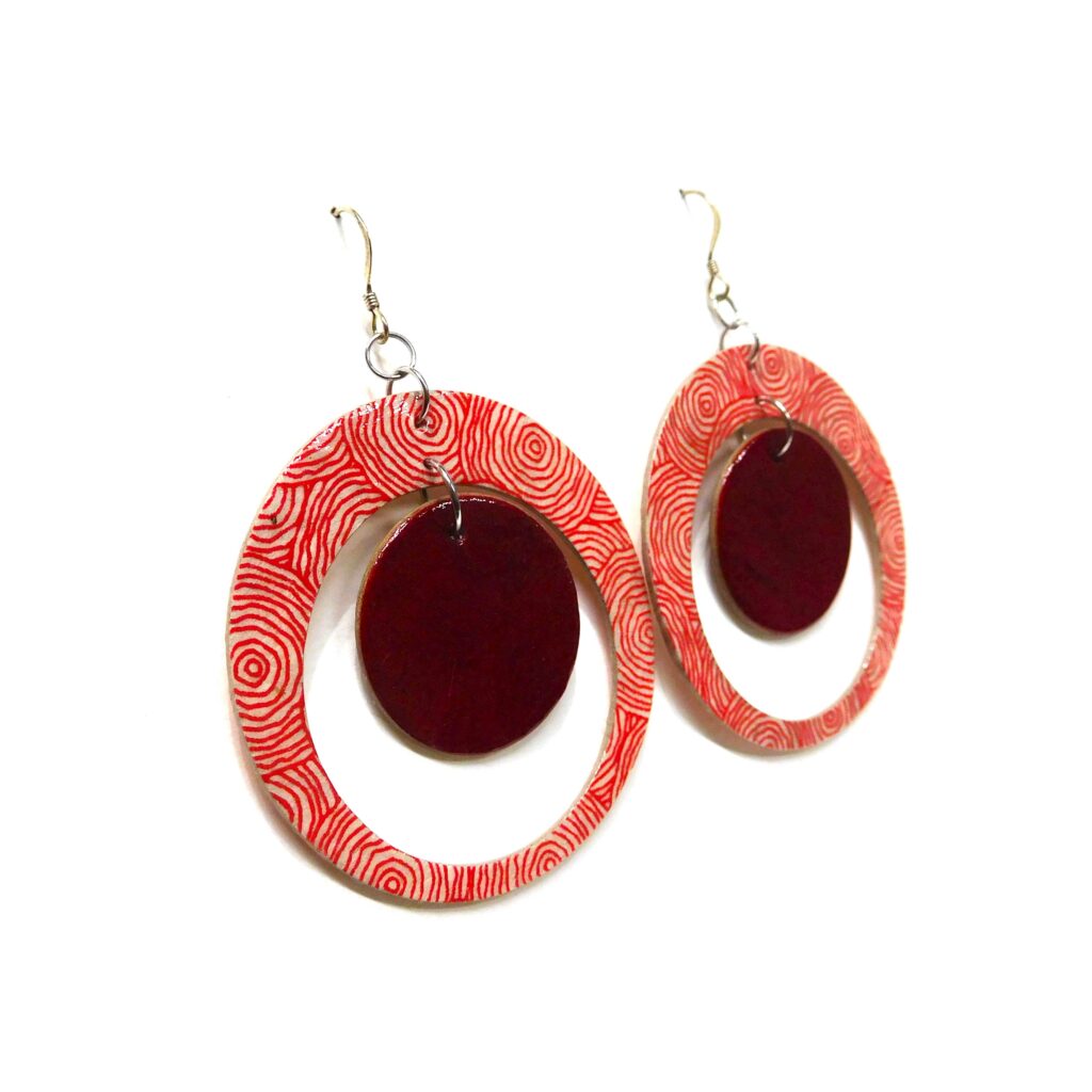 Boucles d'oreille en carton - "Grandes créoles plus une" - Rondorouge/Rouge Carmin - Argent 925