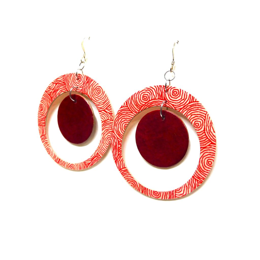 Boucles d'oreille en carton - "Grandes créoles plus une" - Rondorouge/Rouge Carmin - Argent 925