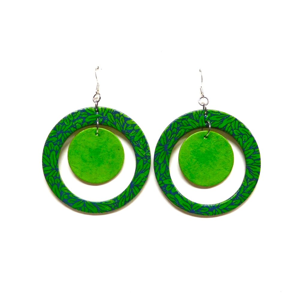 Boucles d'oreille en carton - "Grandes créoles plus une" - Feuilles Vertes/Vert Prairie - Argent 925
